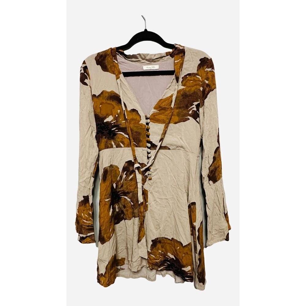Honey Belle Tunic Dress Long Sleeve Floral Size Large VNeck Tie Neck